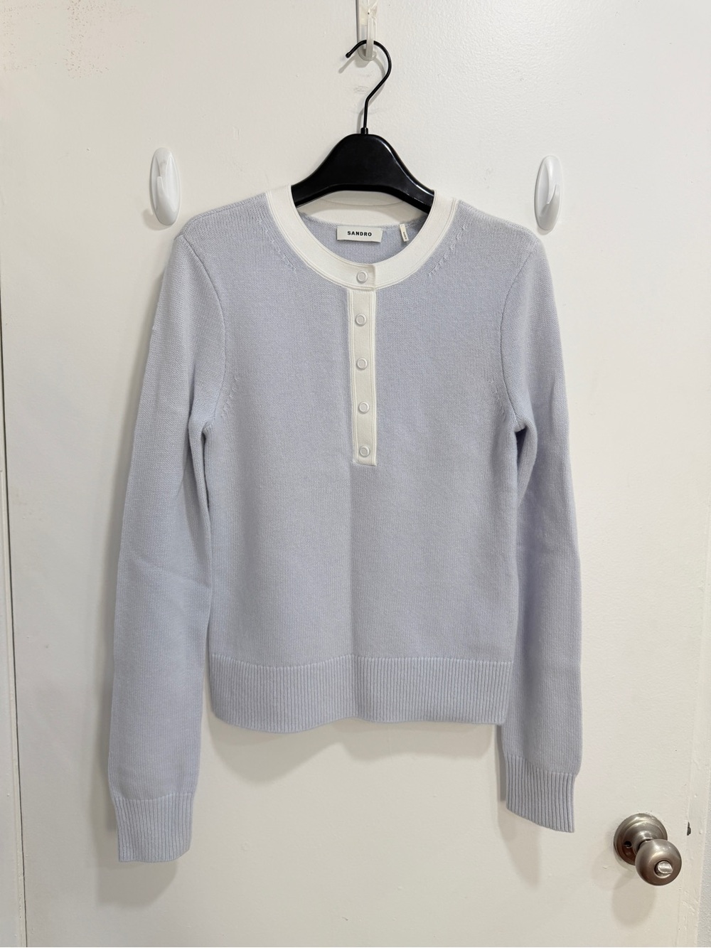 Sandro Light Blue Crewneck Button-Trim Sweater